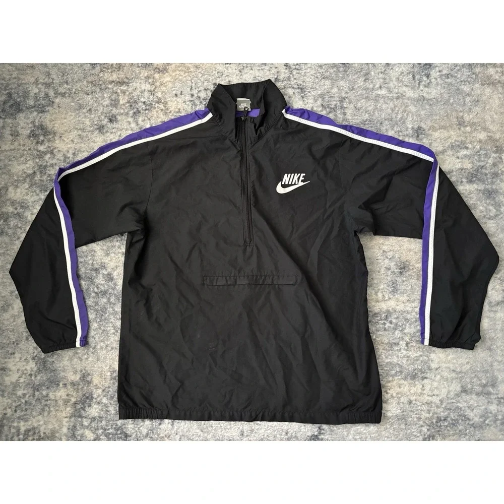 Vintage Nike 1/3 Anorak Jacket XL Black Purple Track Pullover Pocket 1/4 Zip
